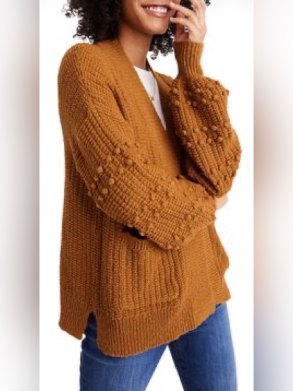 Like New Madewell Chunky Pom-Pom Sleeve Open-Front Cardigan Size S Golden Brown